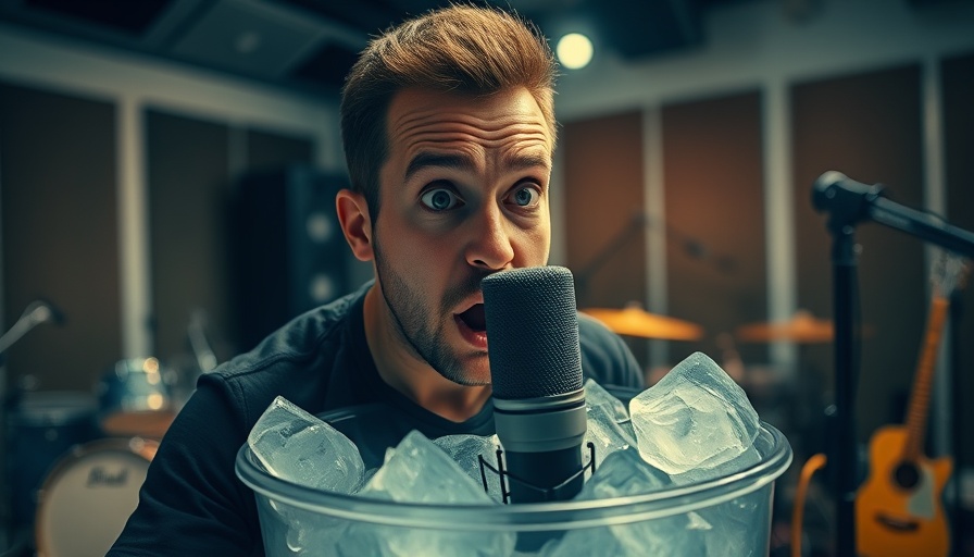 Audio storytelling in marketing concept with man in ice bath.