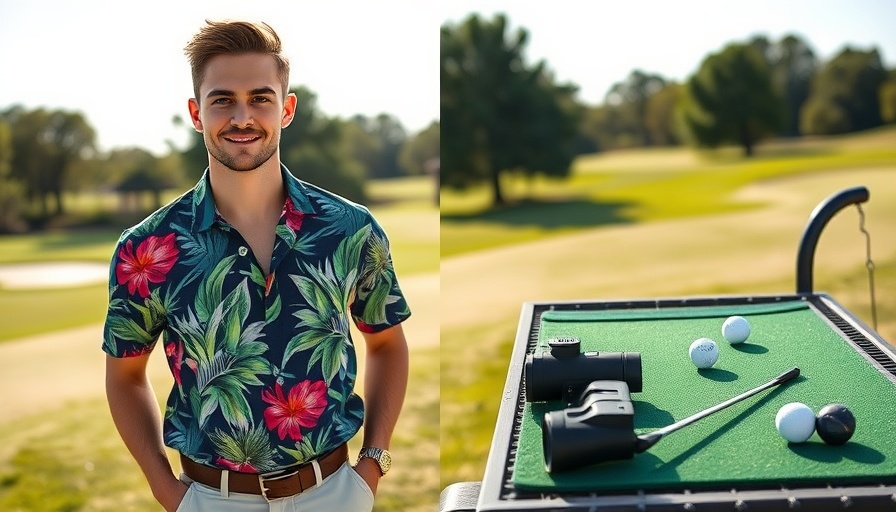 Golf gift ideas including a stylish golf shirt, rangefinder, and putting mat.