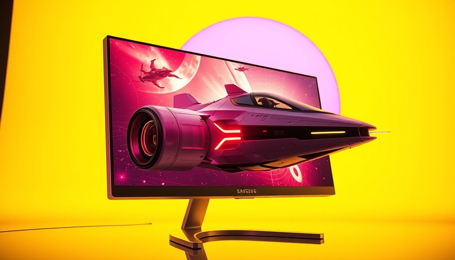 Samsung Odyssey 3D G90XF monitor showing a detailed spaceship scene against yellow and pink background.