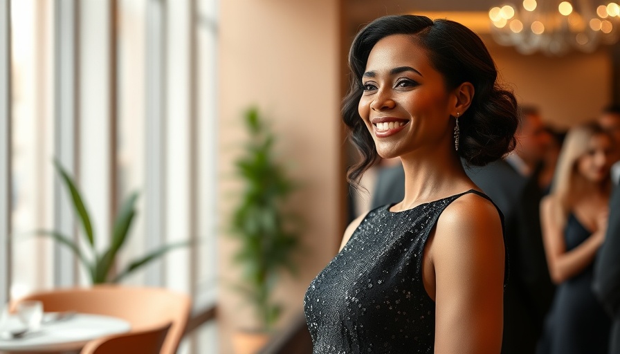 Elegant smiling woman at event in shimmering black dress.