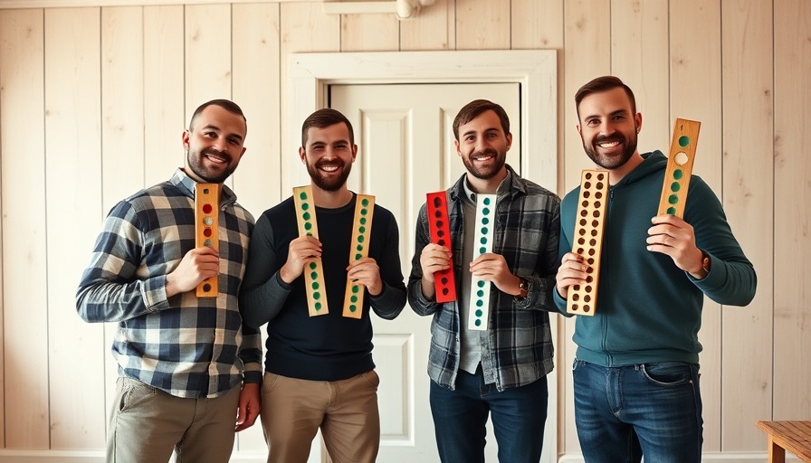 Group of men holding game pieces in rustic room.
