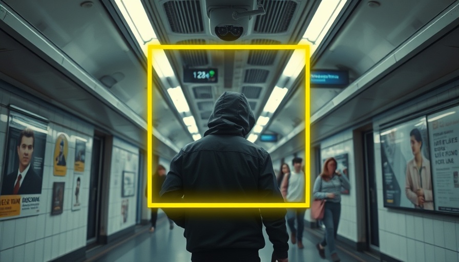 AI surveillance technology tracking person in subway station.