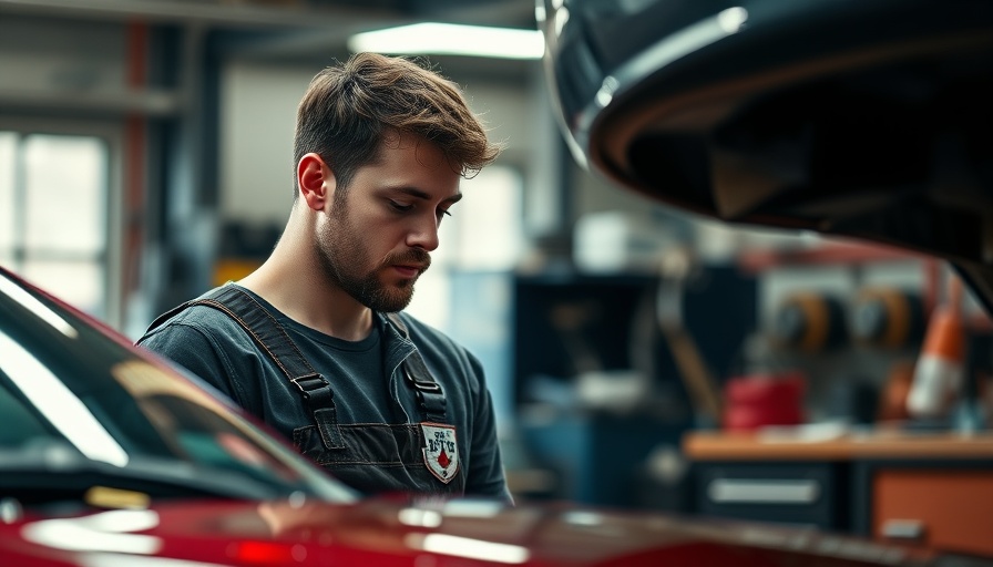 Mechanic examining car in workshop, recall automation platform theme.