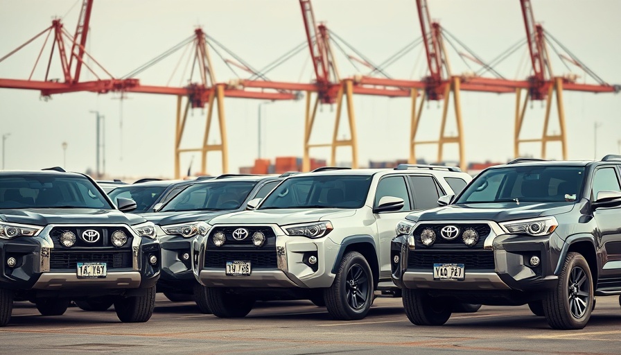Toyota SUVs lined up at port amid crane backdrop, trade impact.