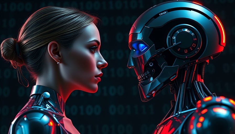 Futuristic artwork of human and robot, AI agents, binary code.