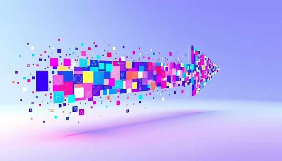 Dynamic arrow made of colorful squares representing the future of global centers