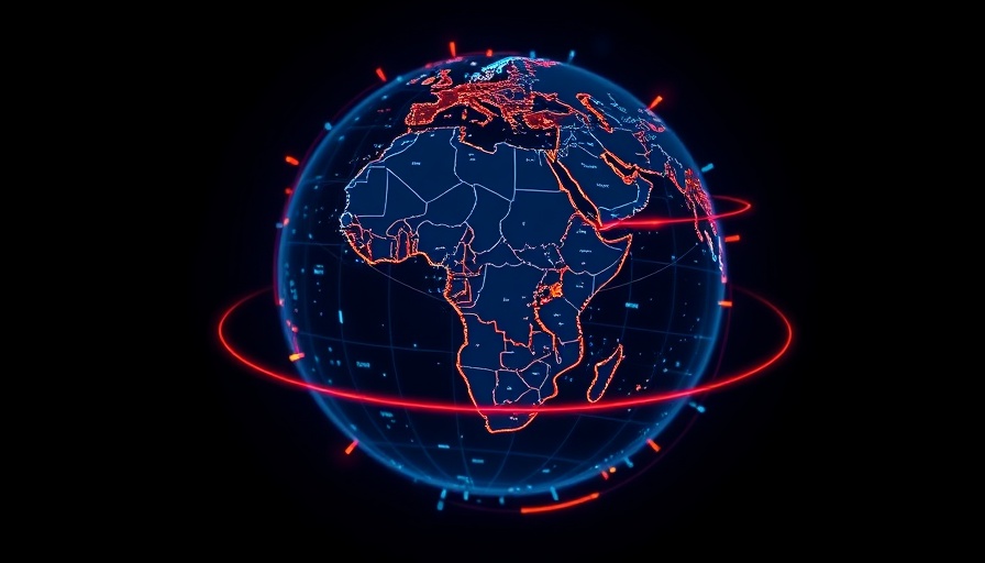 Stylized digital globe of Africa with vibrant data lines.