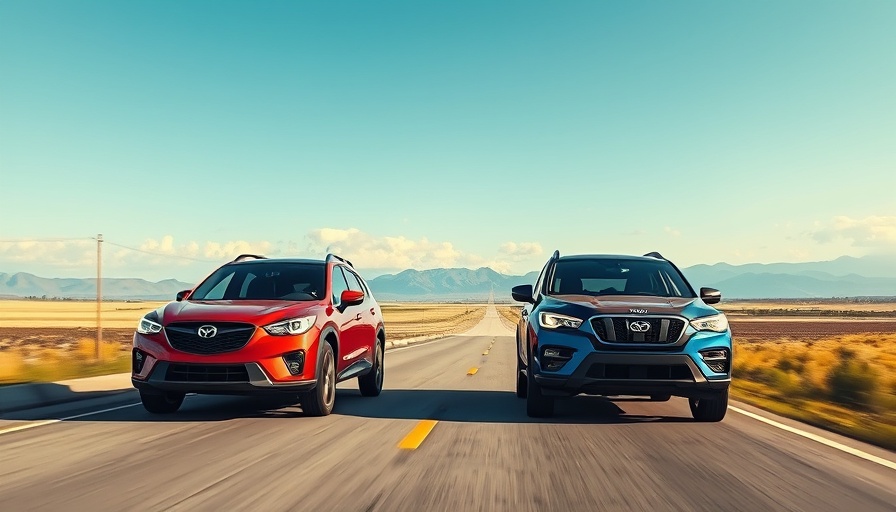 Colorful SUVs driving on scenic highway, vibrant landscape
