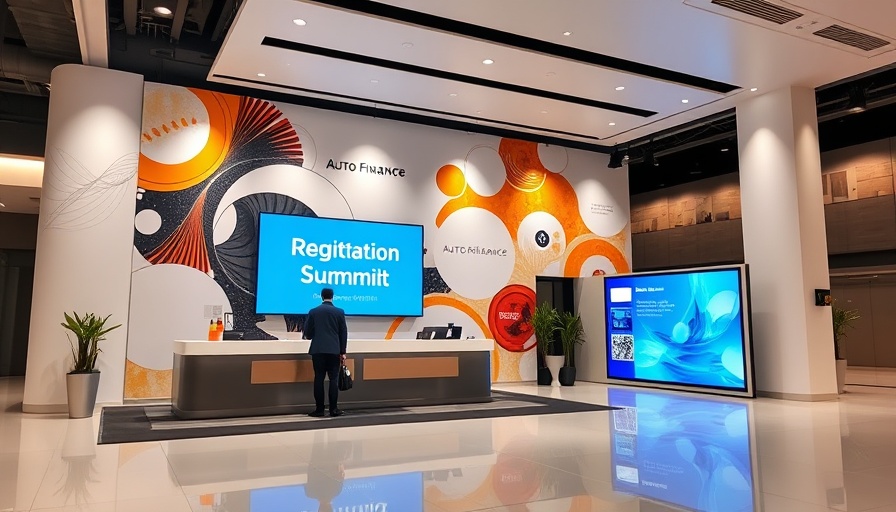 Modern registration area at auto finance summit with abstract art.