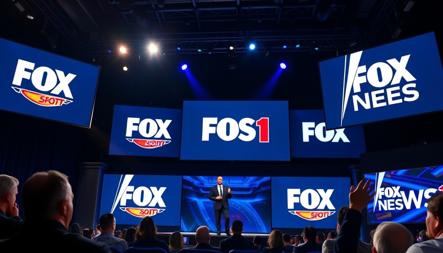 Speaker presenting Fox Upfront Advertising Strategy with logos displayed on stage.