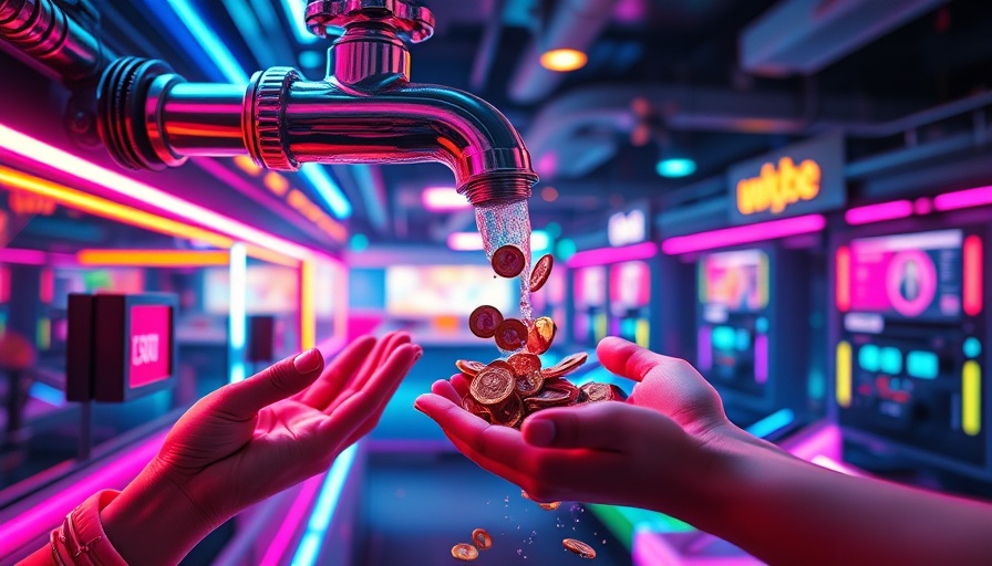 Futuristic depiction of Google AI Futures Fund with coins and glowing faucet.