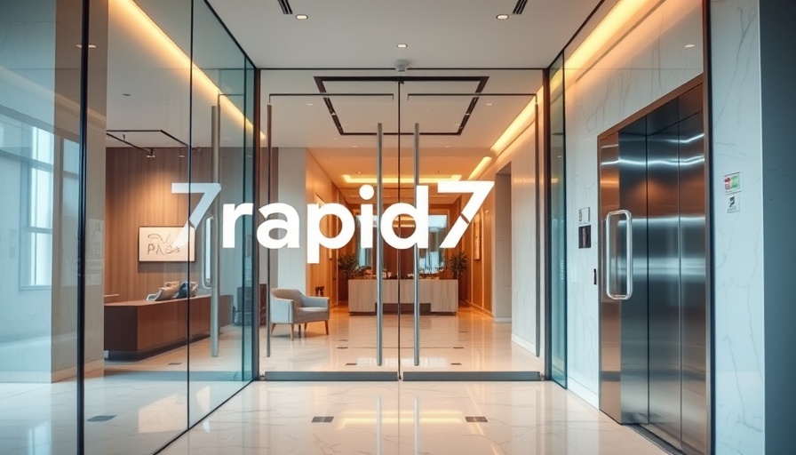 Modern office entrance of Rapid7 with glass doors and warm lighting.