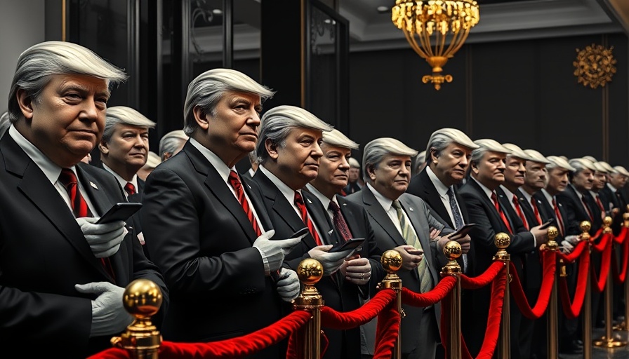 Surreal image of people with Trump coin faces waiting in line.