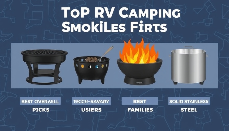 Top RV camping smokeless firepits graphic with categories.