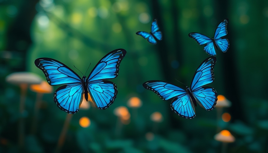 Mystical blue butterflies and mushrooms scene in ethereal forest.