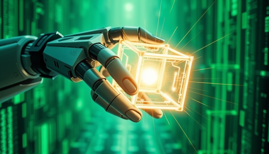Futuristic robotic hand holding AI cube in digital matrix, dynamic energy.