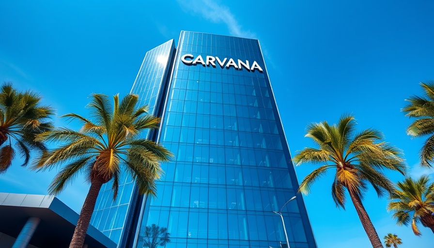 Carvana Record-Breaking Q1 Results with glass tower under blue sky.