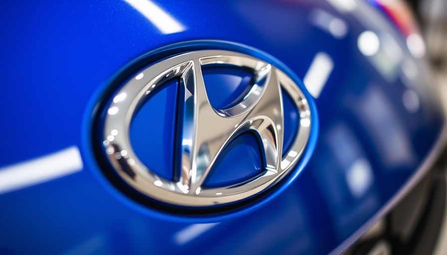 Hyundai logo close-up on blue car, showcasing branding detail.