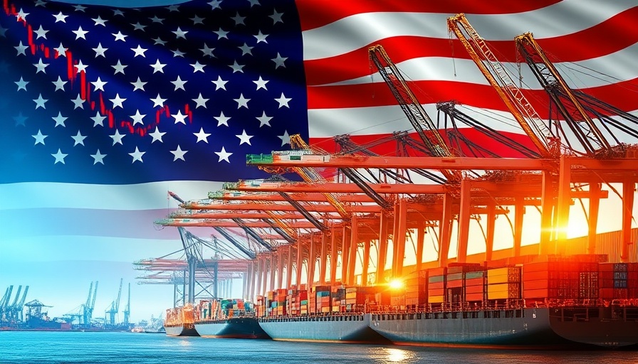 American flag and stock charts over industrial port reflecting economy and trade.
