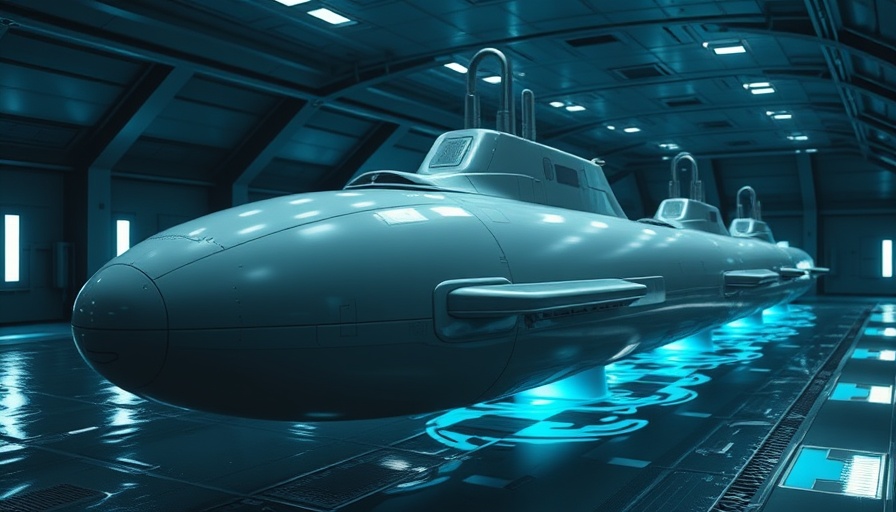 Futuristic AI submarines in a high-tech facility ready for launch