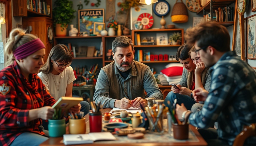 Diverse group activity, exploring midlife crisis reinvention in a colorful indoor setting.