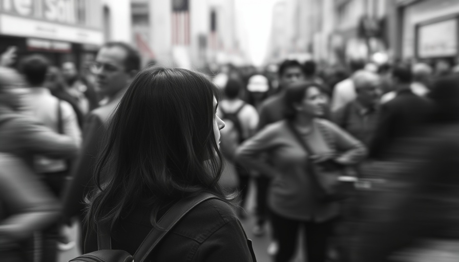 Importance of Mattering in the Workplace: woman amidst blurred crowd, reflective.