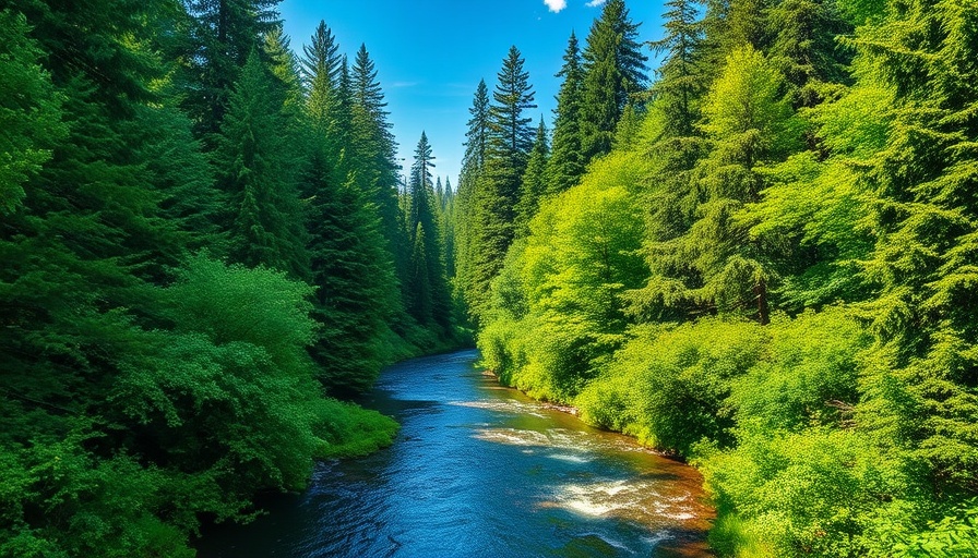 Scenic evergreen forest with river in a national forest.