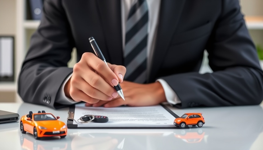 Business person signs document with car keys and toy car, used car financing rates.