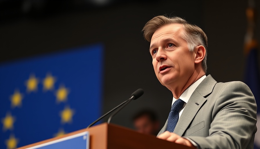 Confident politician at podium discussing tech sovereignty in Europe.