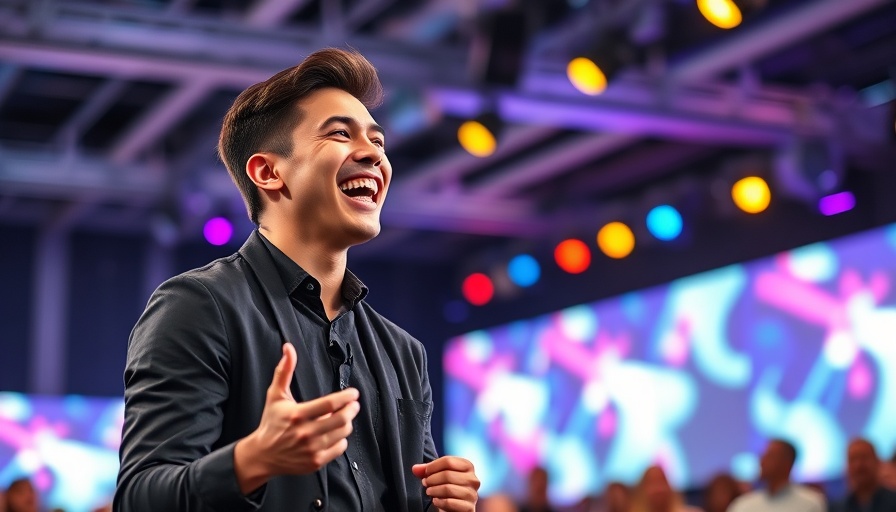 Speaker entertaining the audience at a tech conference with humor