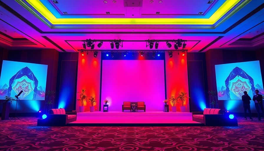 Stage at auto finance summit with colorful lighting for 84-month auto loans discussion.