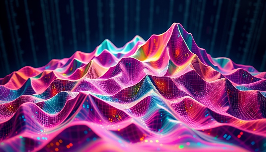 AI agent optimized for coding and math in a vibrant 3D data landscape.