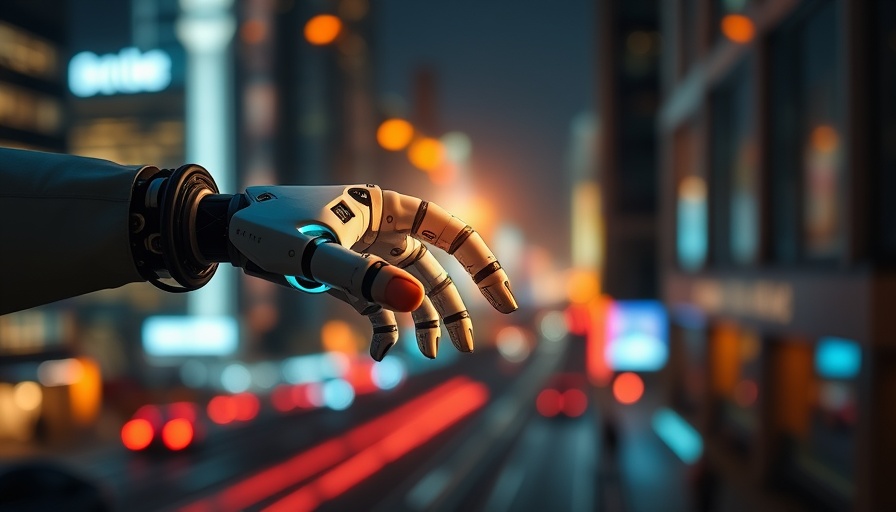 Futuristic robotic hand meeting human hand, symbolizing technology and connection, cinematic style.