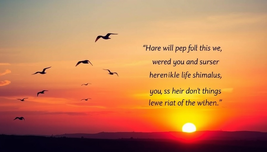 Inspiring sunset with flying birds and quote on ending the day.