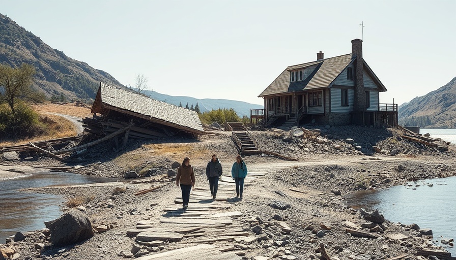 Collapsed house by river highlighting climate impact, US research cuts climate data.