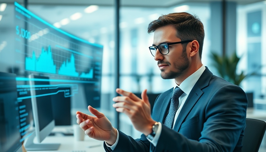AI in auto lending; man analyzes data on phone in office.