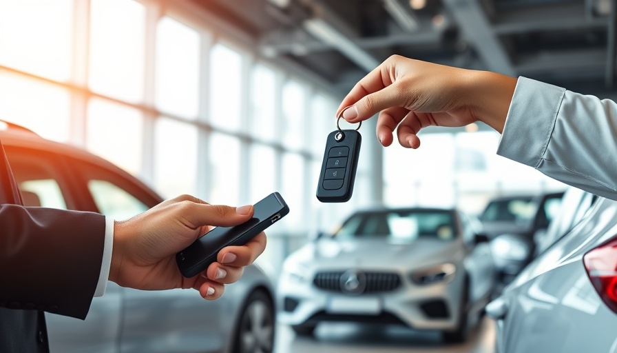Modern dealership redefines car sales with key exchange.