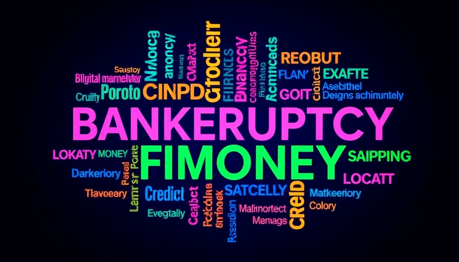 Colorful financial term cloud on bankruptcy over dark blue background.