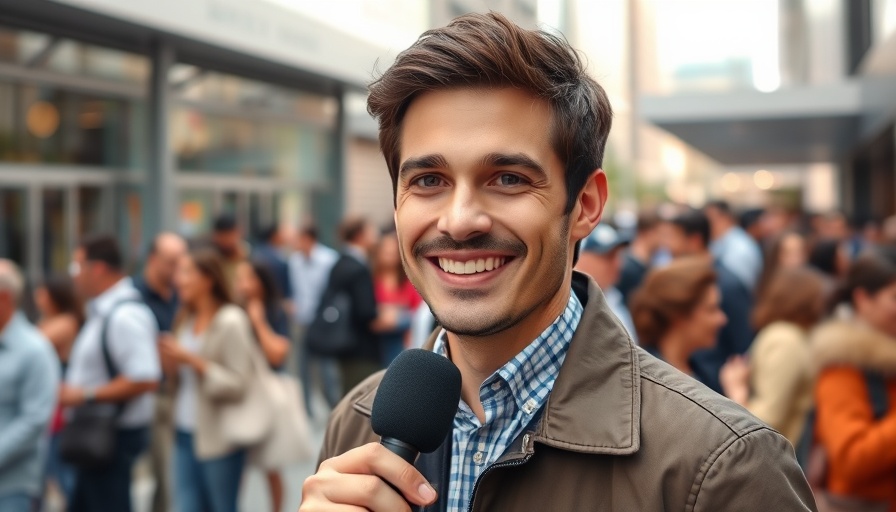 Smiling man in a suit with a microphone at an outdoor event.
