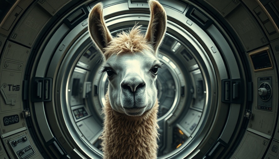 Futuristic llama peering through a sci-fi spaceship door, Meta Llama 4 Behemoth delay.