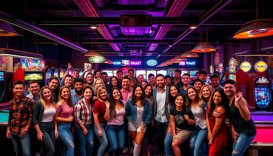 Group photo at an arcade, people posing joyfully