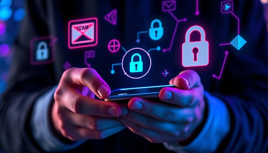 Digital icons surrounding a device, representing automotive cybercrime.