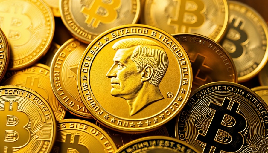 Trump Memecoin amidst cryptocurrency coins in warm light.