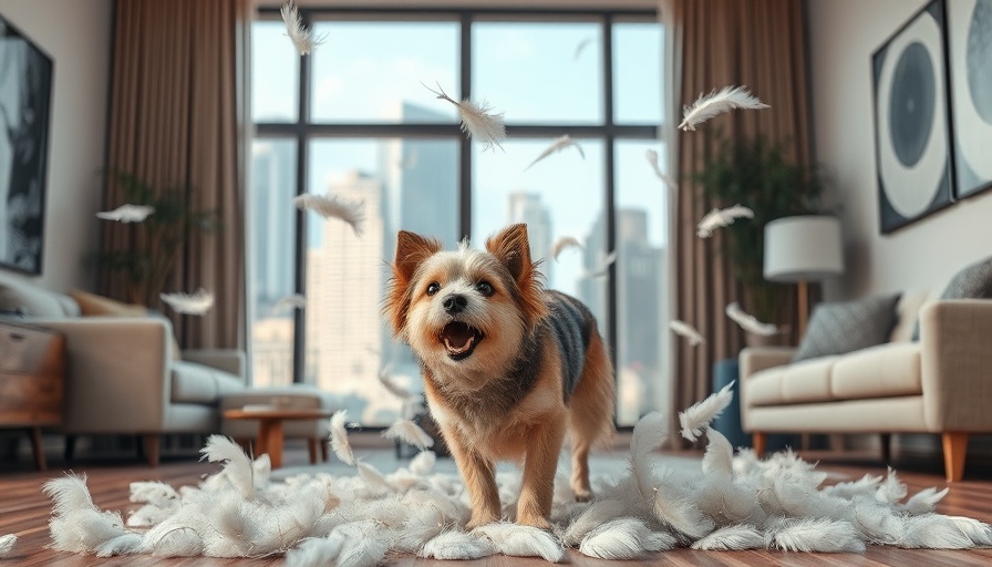 Mischievous dog creating a mess in a modern living room.
