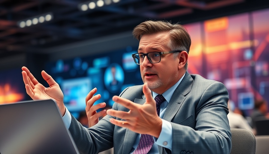 Man in gray suit discussing AI playbook at tech conference.