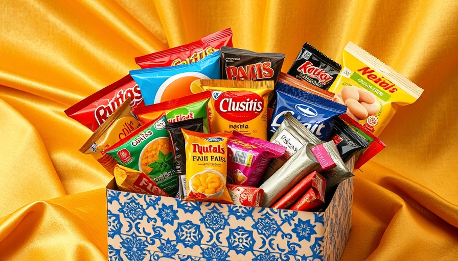 Colorful snack subscription box for kids on golden fabric background.