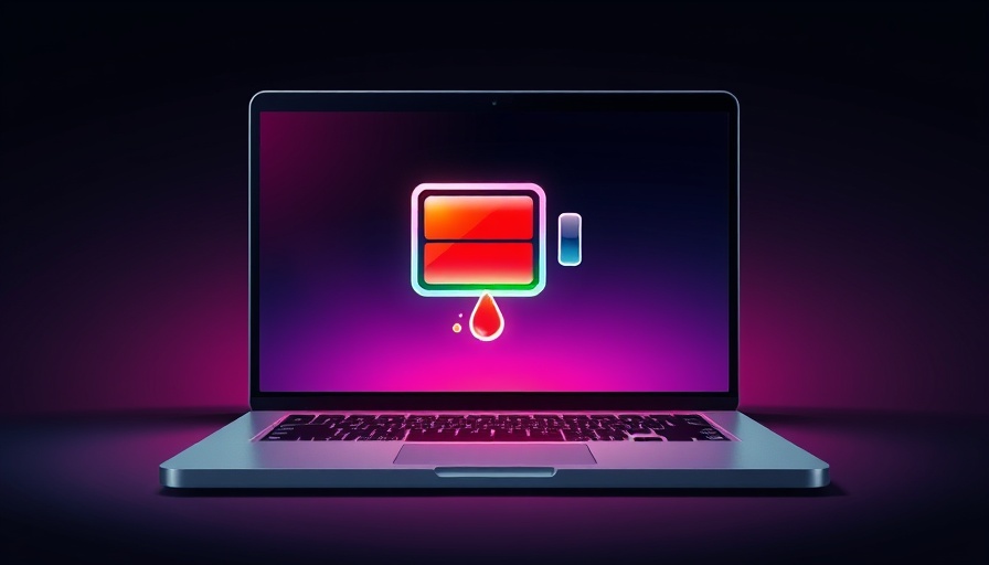 Illustration of laptop with battery draining icon, highlighting battery usage.