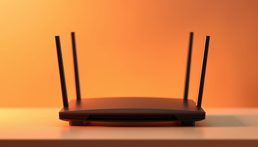 Sleek wireless router with antennas against a warm gradient background.