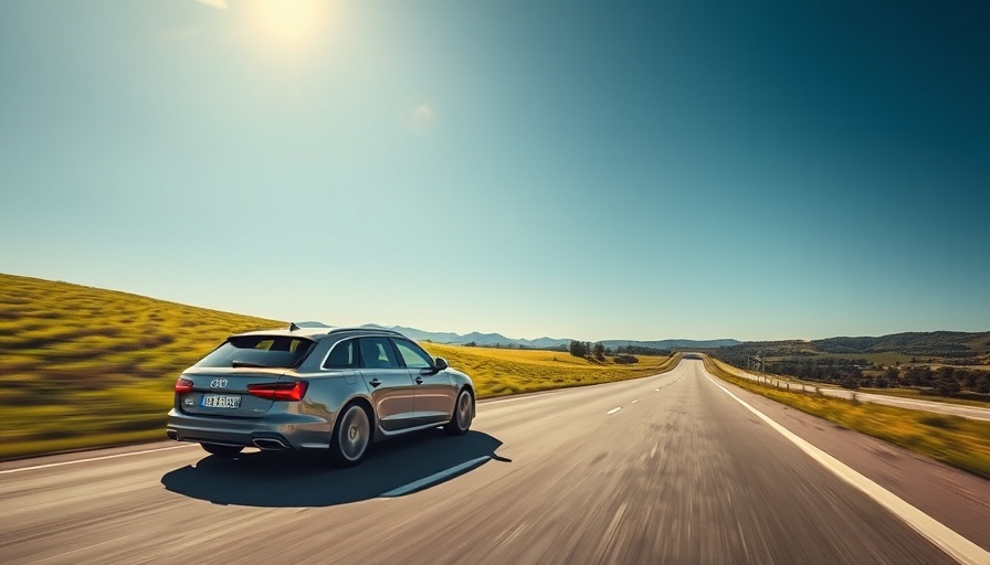 New Audi A6 Avant cruising on a highway under clear skies.