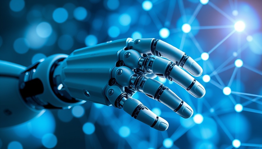 Robotic hand interacting with a digital network in a blue holographic environment.